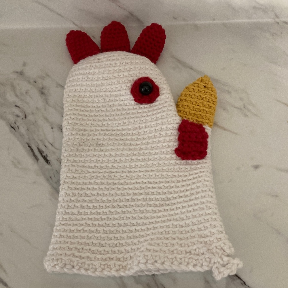 Handmade crocheted chicken pot holder